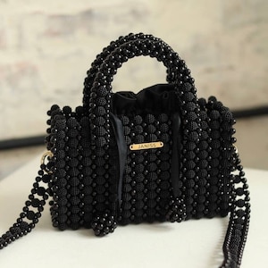 Bolso de mano con perlas, bolso de cuentas exclusivo, bolso de novia, bolso de cuentas de marfil, bolso de cuentas negro, bolsos de cuentas de la marca Janiss, bolso de fiesta, bolso elegante
