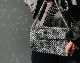 Silver bag, crystal beaded bag, trendy metallic handbag, sparkling purse, evening clutch, gift for her, dark gray crystal beaded bag