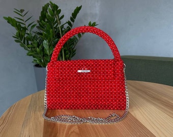 Red bag, beaded bag, red purse, bright bag, evening bag, handmade handbag,  red crossbody bag, gift for her