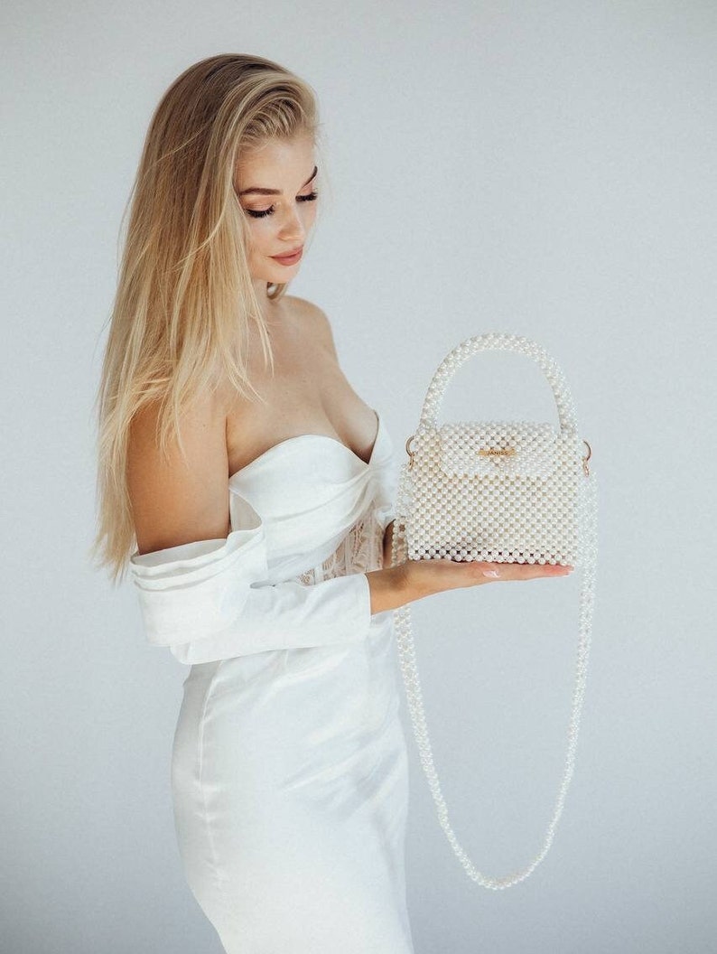 Pearl bag, ivory beaded bag, wedding bag, bag for bride, white pearl handbag, luxury purse, gift for her, handmade bag, prom purse image 6