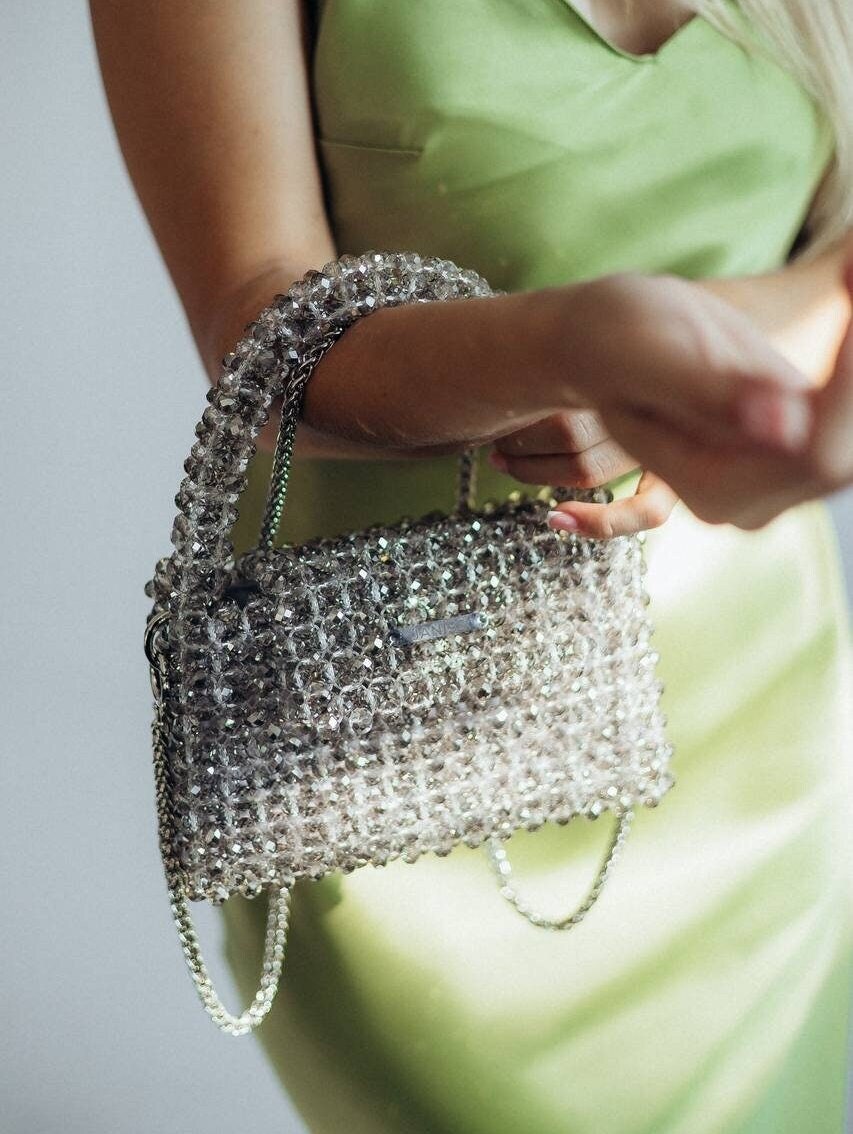 Crystal beaded bag silver handbag sparkling bag handmade handbag evening purse luxury bag unique bag bag for the bride