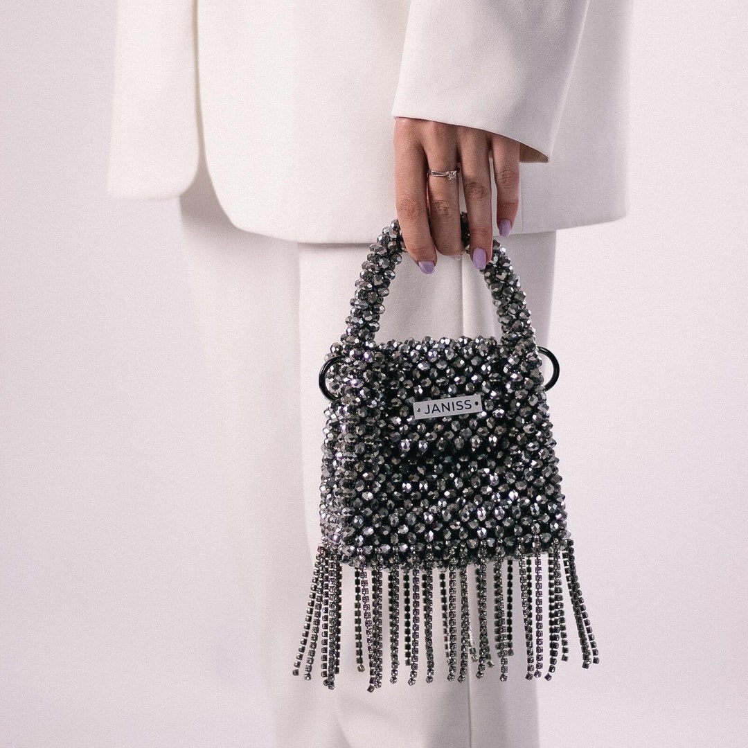 Crystal Beaded Bag Silver Bag Bad With Rhinestones Party - Etsy
