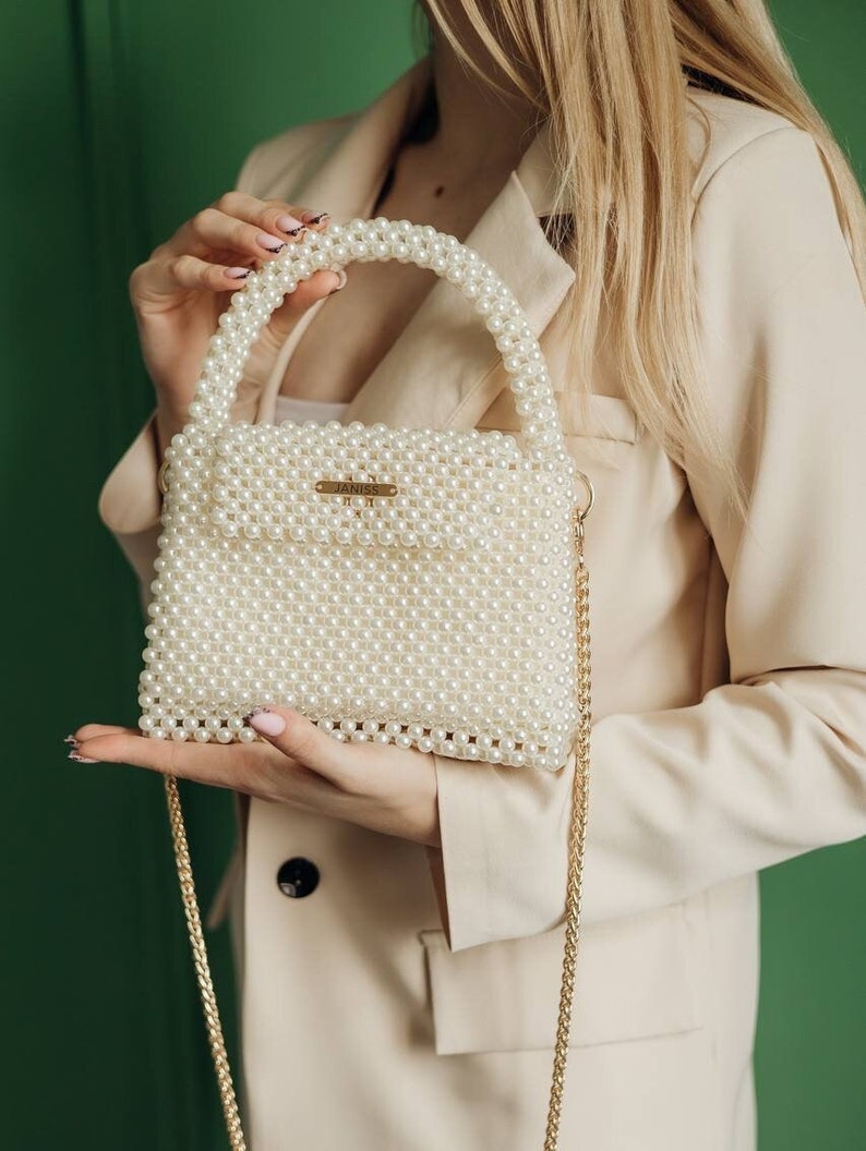 Pearl bag, ivory beaded bag, wedding bag, bag for bride, white pearl handbag, luxury purse, gift for her, handmade bag, prom purse Cream, width 7.8 in