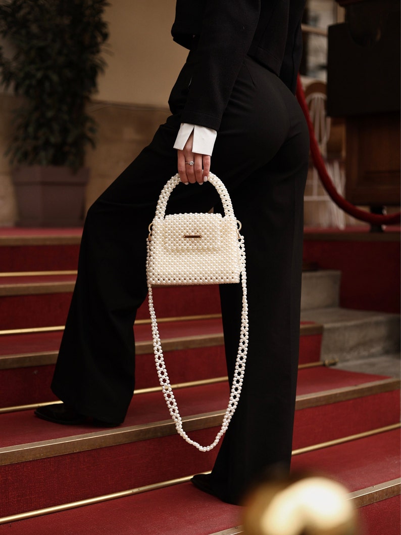 Pearl bag, ivory beaded bag, wedding bag, bag for bride, white pearl handbag, luxury purse, gift for her, handmade bag, prom purse Cream, width 7 in