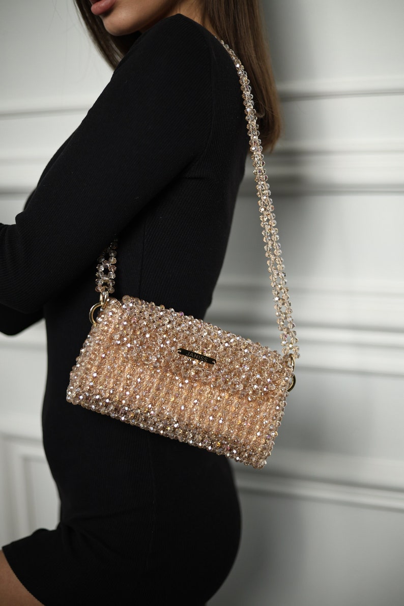 Crystal bag, beaded gold handbag, sparkling bag, party bag, glitter bag, handmade bag, fancy bag, designer bag, evening purse image 1