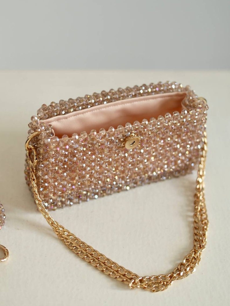 Crystal bag, beaded gold handbag, sparkling bag, party bag, glitter bag, handmade bag, fancy bag, designer bag, evening purse 画像 8