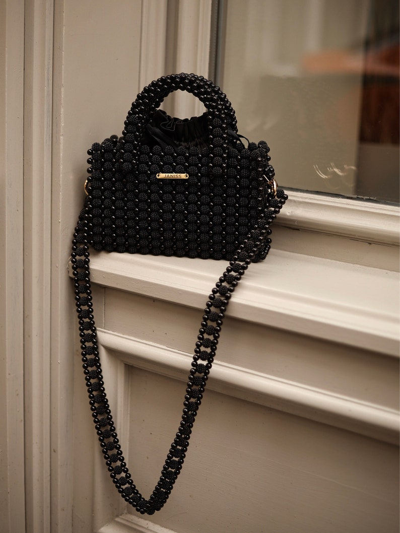 Pearl hanbag, unique beaded bag, bridal purse, ivory beaded bag, black beaded bag, janiss brand beaded bags, prom handbag, elegant bag Black