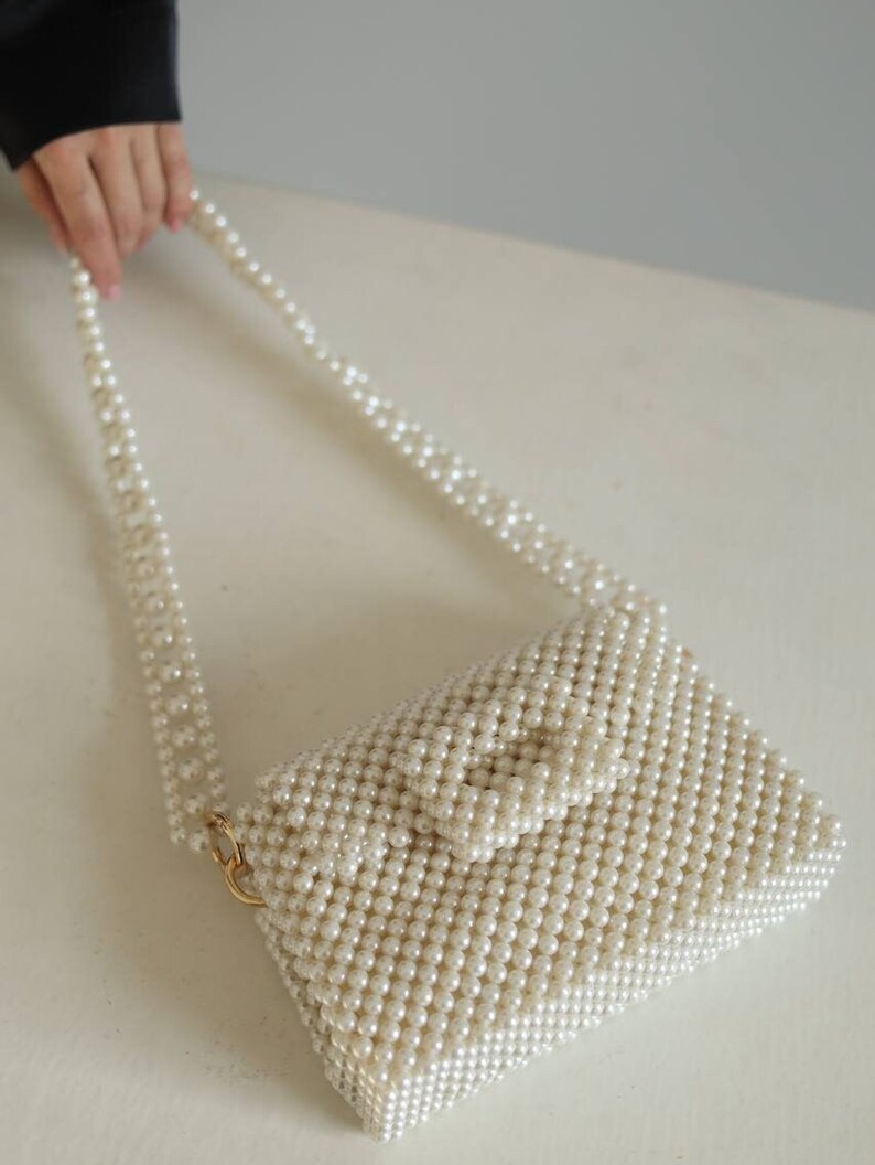 Pearl bag, beaded bag, ivory purse, wedding bag, shoulder bag, elegant handmade bag, pearl clutch zdjęcie 3