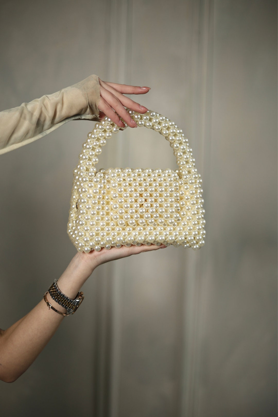 Ivory Beaded Bag, Bridal Pearl Handbag, Classic Pearl Evening Bag