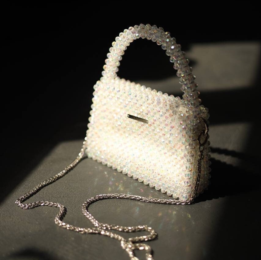 White Sparkling Beaded Bag, Shimmering Handbag, Bridal Purse