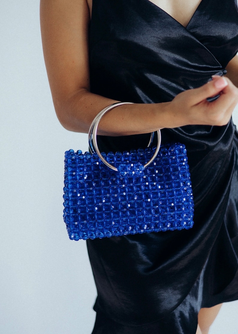 Blue beaded bag, fashion bag, gift for her, luxury bag, handmade bag, handbag, shining bag, crystal women purse, red bag, pink bag image 1