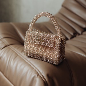 Champagne-colored crystal beaded handbag, sparkling bag, crystal purse, diamond bag, evening bag, prom handbag, rhinestone bag, shining bag