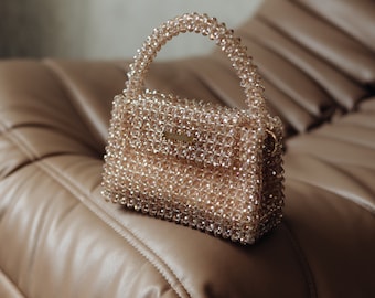 Champagne-colored crystal beaded handbag, sparkling bag, crystal purse,  diamond bag, evening bag, prom handbag, rhinestone bag, shining bag
