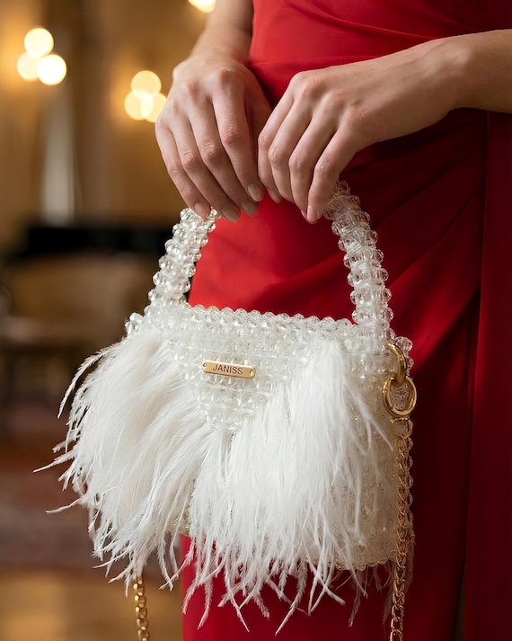 Handmade White Beaded Bag With Ostrich Feathers, Bridal Purse - Etsy