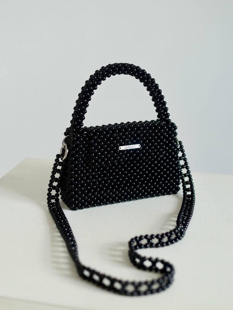 Beaded pearl bag, bags for women, black bag, white bag, classic bag, unique bag, handbag, bag for bride, gift for her, ivory handbag Black