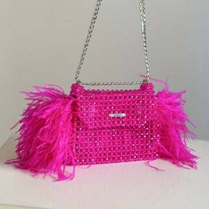 Bolso de cuentas rosa intenso con detalles de plumas de avestruz, monedero rosa, bolso de cuentas, bolso de hombro con cuentas, bolso de noche rosa, clutch artesanal único