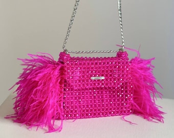 Handmade Hot Pink Beaded Bag, Ostrich Feather Clutch
