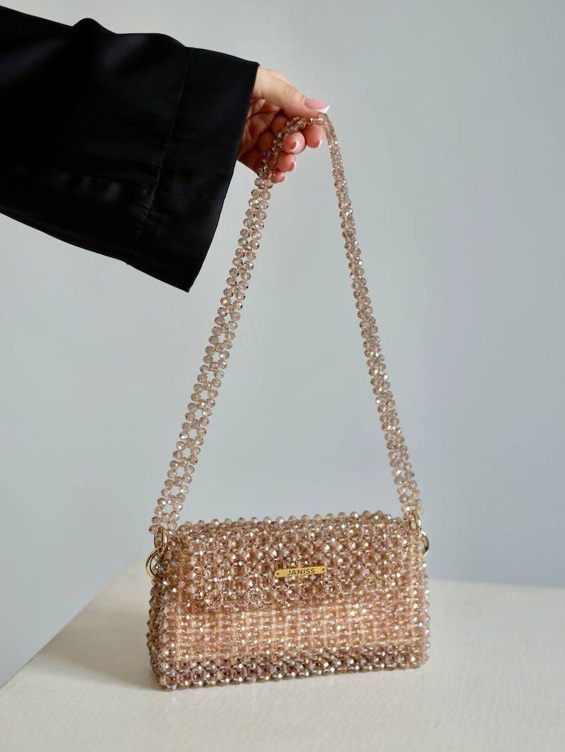 Crystal bag, beaded gold handbag, sparkling bag, party bag, glitter bag, handmade bag, fancy bag, designer bag, evening purse image 6