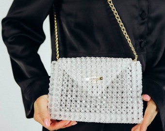 Transparent bag, beaded bag, white purse, wedding purse, bag for bride, gift for her, crystal bag, Bridal Beaded Bag