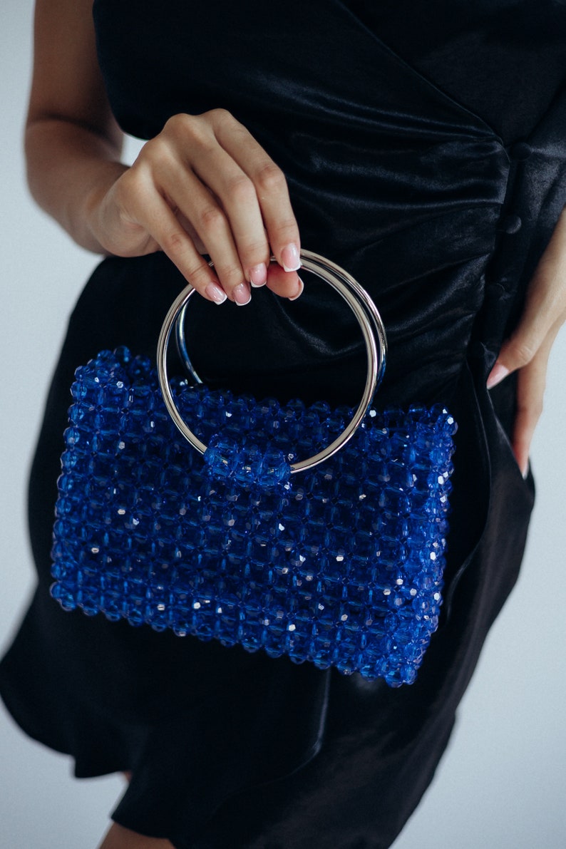 Blue beaded bag, fashion bag, gift for her, luxury bag, handmade bag, handbag, shining bag, crystal women purse, red bag, pink bag image 3