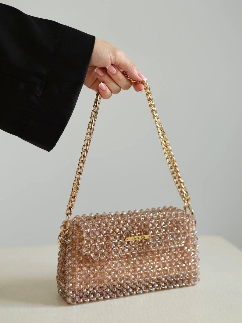 Crystal bag, beaded gold handbag, sparkling bag, party bag, glitter bag, handmade bag, fancy bag, designer bag, evening purse 画像 7