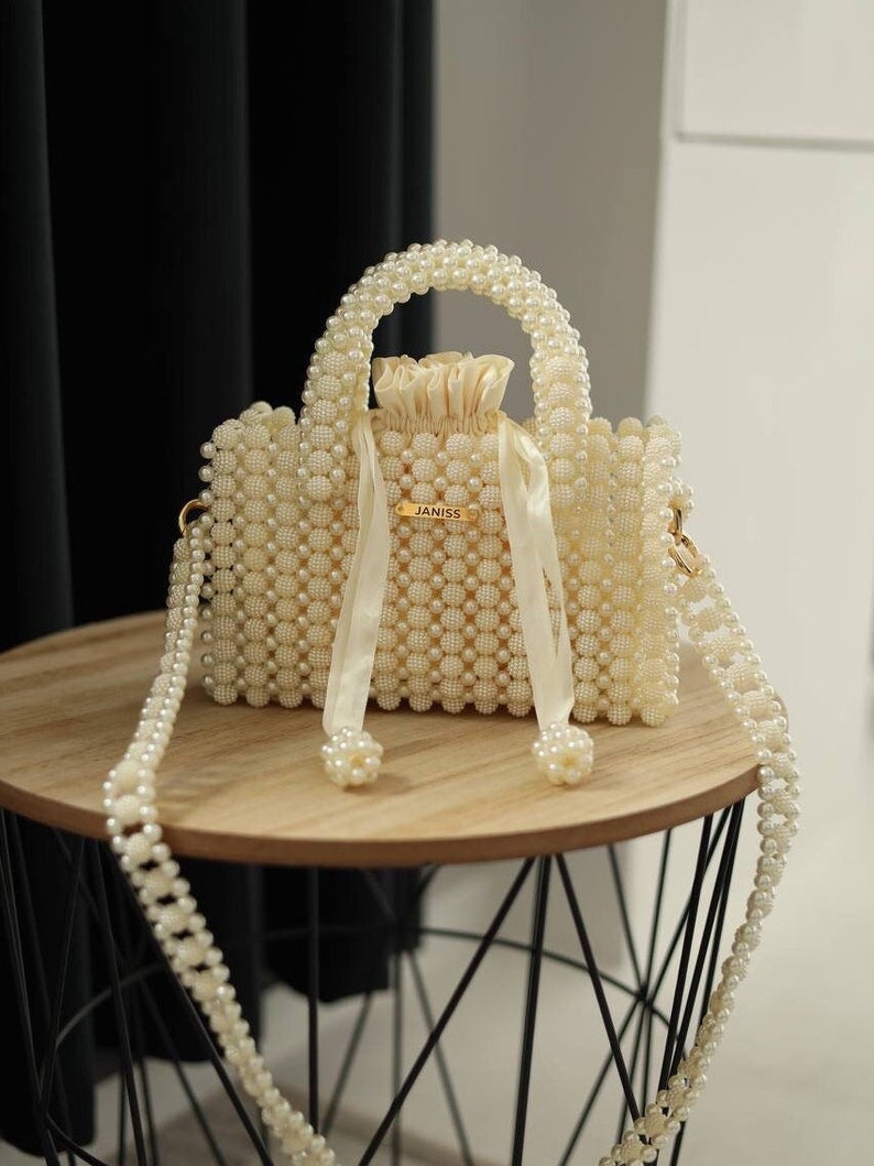 Pearl hanbag, unique beaded bag, bridal purse, ivory beaded bag, black beaded bag, janiss brand beaded bags, prom handbag, elegant bag image 7