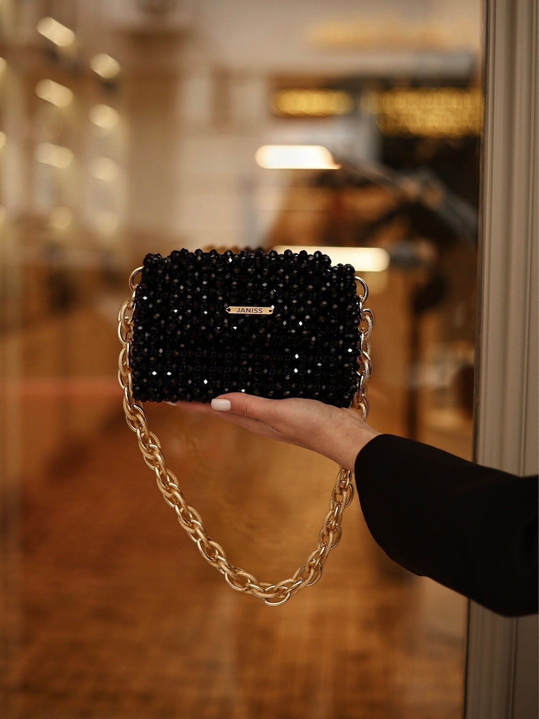 Black Crystal Purse, Beaded Bag, Party Handbag, Luxury