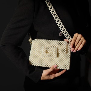 Bolso de perlas, bolso de cuentas, bolso de marfil, bolso de boda, bolso de hombro, bolso elegante hecho a mano, clutch de perlas