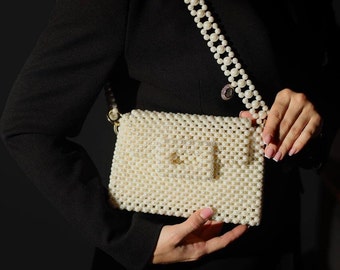 Pearl bag, beaded bag, ivory purse, wedding bag, shoulder bag, elegant handmade bag, pearl clutch