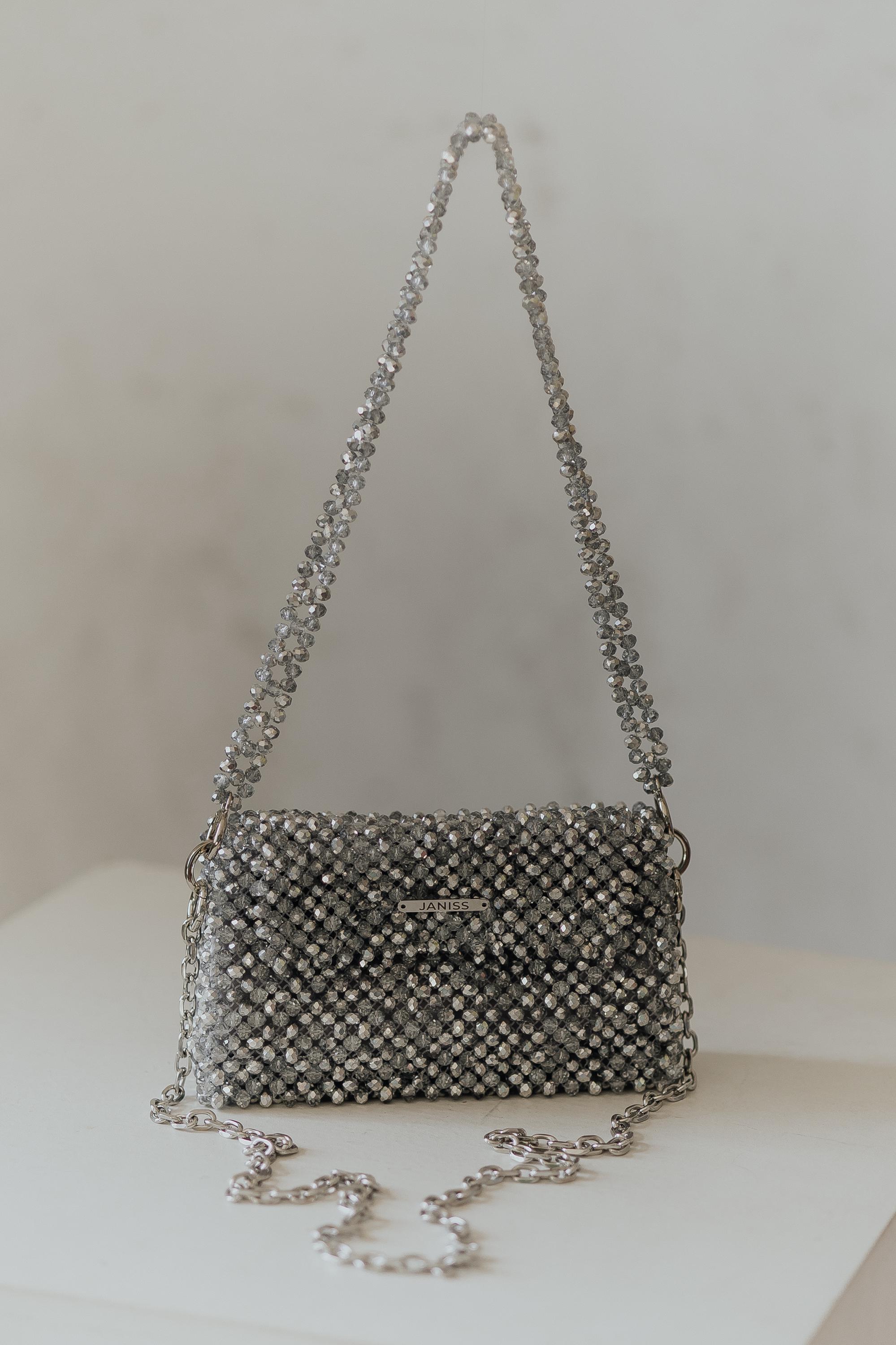 Dazzling Crystal Beaded Bag, Luxury Silver Purse, Evening