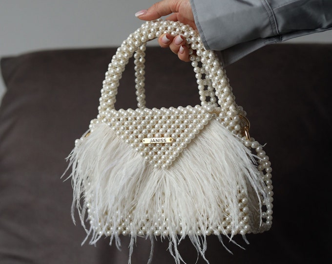 Pearl beaded bag decorated with feathers, classic bag, ivory beaded bag, wedding bag, luxury bag, bag for bride, pearl purse, gift for her