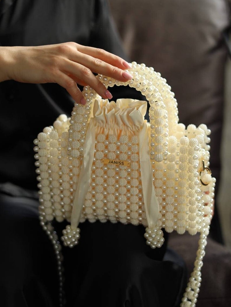 Pearl hanbag, unique beaded bag, bridal purse, ivory beaded bag, black beaded bag, janiss brand beaded bags, prom handbag, elegant bag image 6