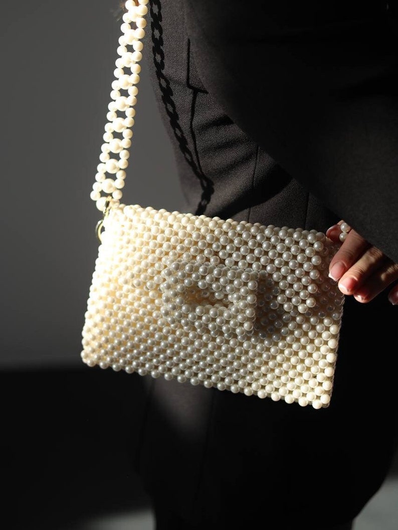 Pearl bag, beaded bag, ivory purse, wedding bag, shoulder bag, elegant handmade bag, pearl clutch zdjęcie 2