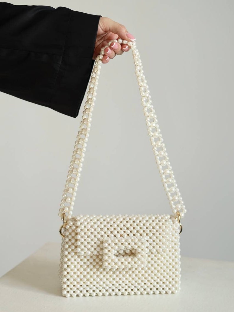 Pearl bag, beaded bag, ivory purse, wedding bag, shoulder bag, elegant handmade bag, pearl clutch zdjęcie 5