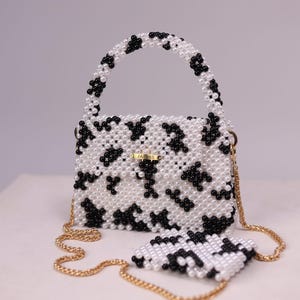 Printed beaded bag, cow print handbag, fashion bag, womens handbag, pearl handbag, white and black bag, gift for her, exclusive design bag