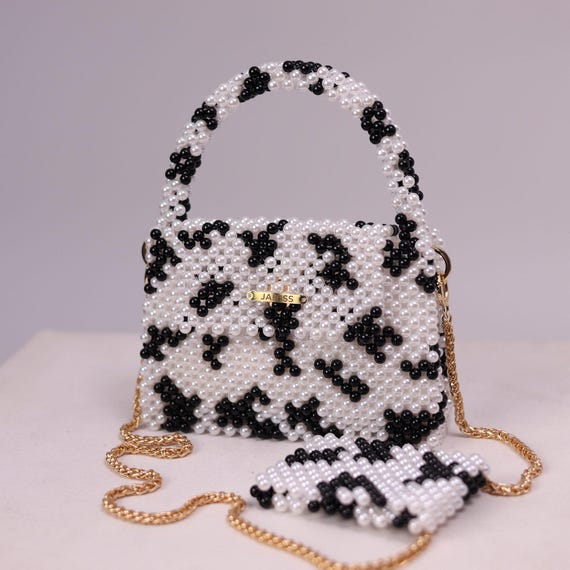 Handmade Cow Print Beaded Bag: Pearl Handbag With Chain Strap - Etsy