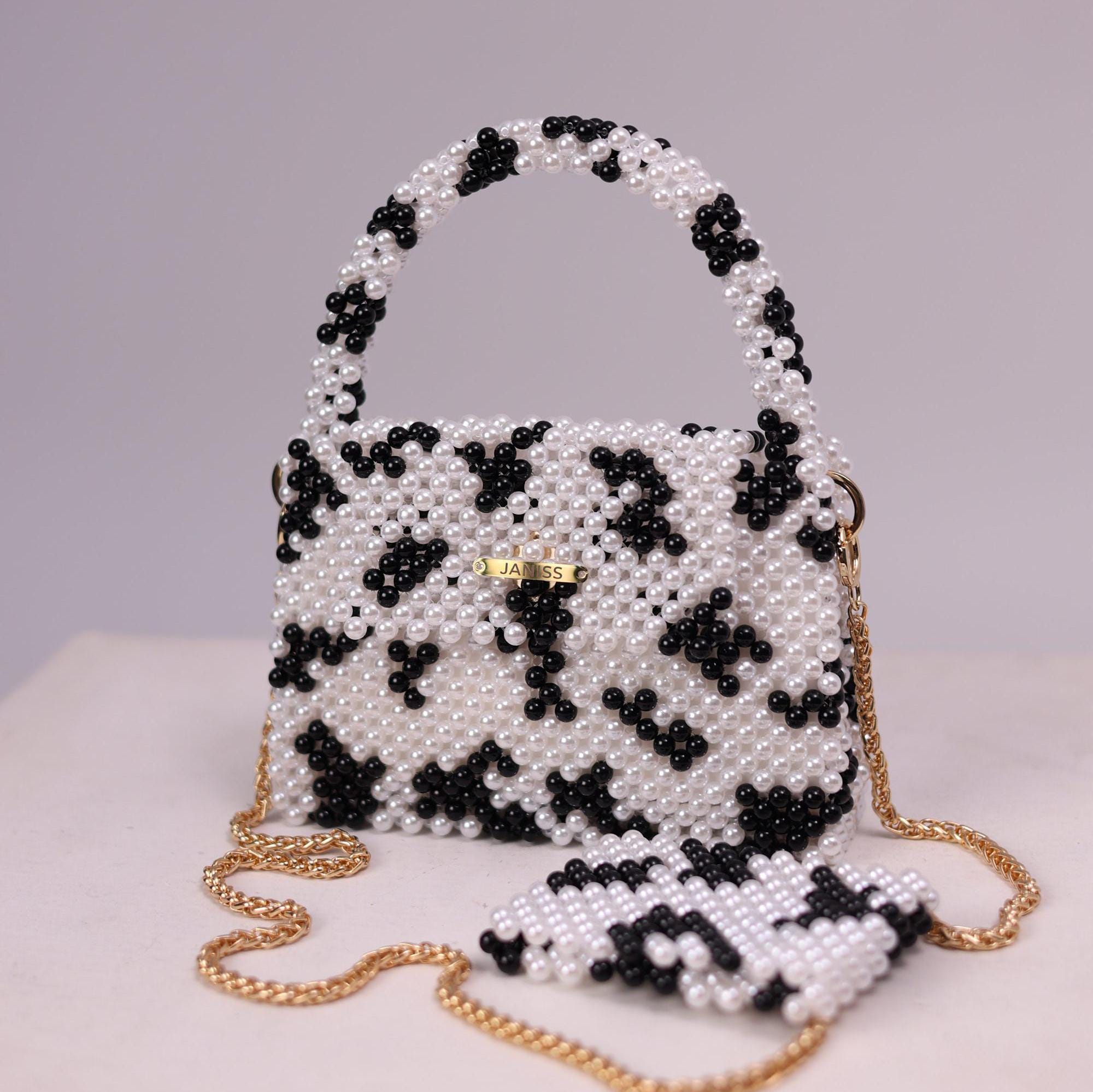 Printed beaded bag, cow print handbag, fashion bag, womens handbag, pearl handbag, white and black bag, gift for her, exclusive design bag