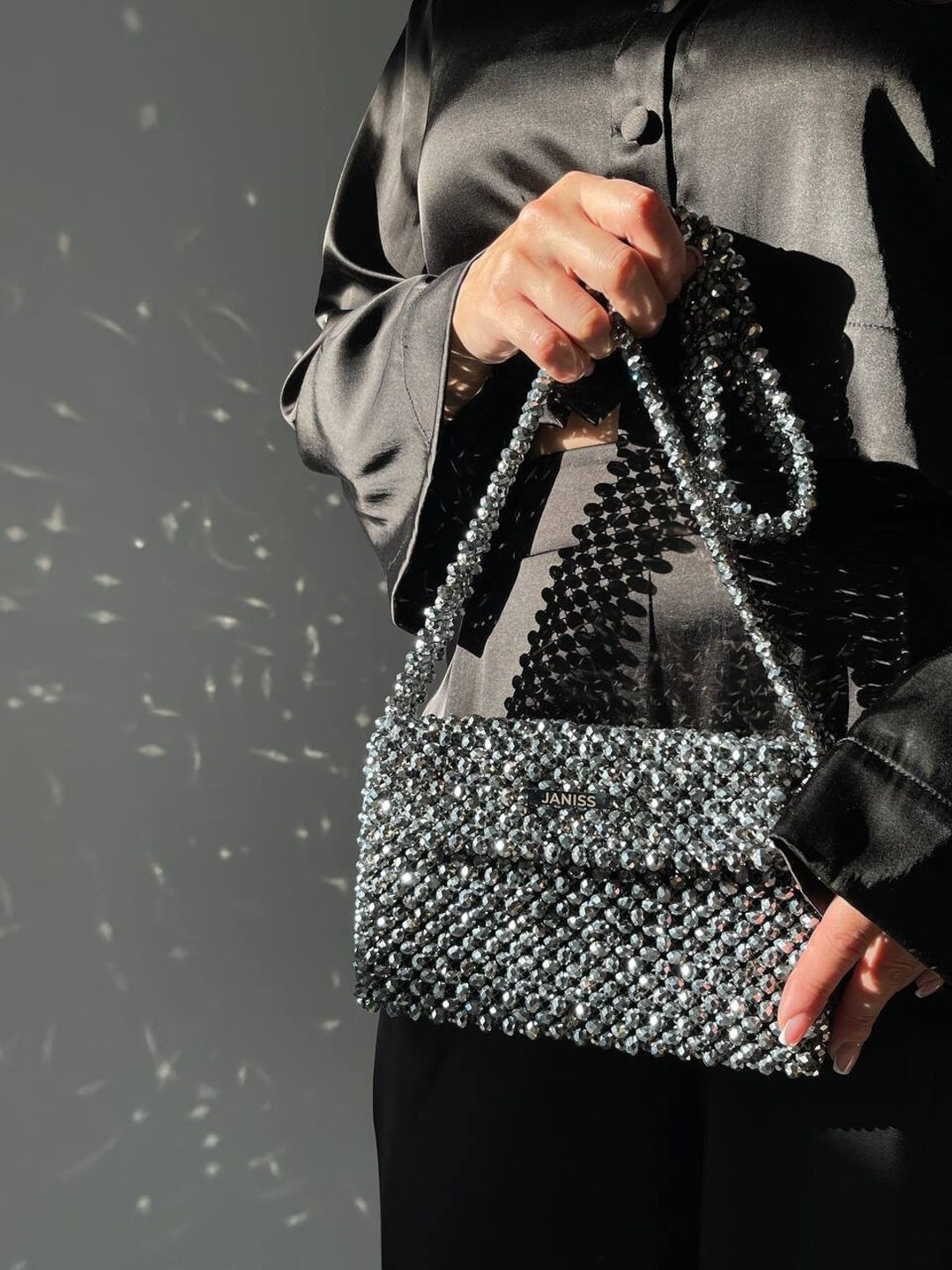 Handmade Crystal Beaded Evening Bag, Silver Metallic Clutch With