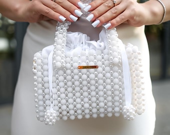 Bolso de mano artesanal con perlas, bolso de novia, bolso de graduación