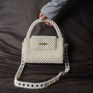 Beaded pearl bag, bags for women, black bag, white bag, classic bag, unique bag, handbag, bag for bride, gift for her, ivory handbag image 1