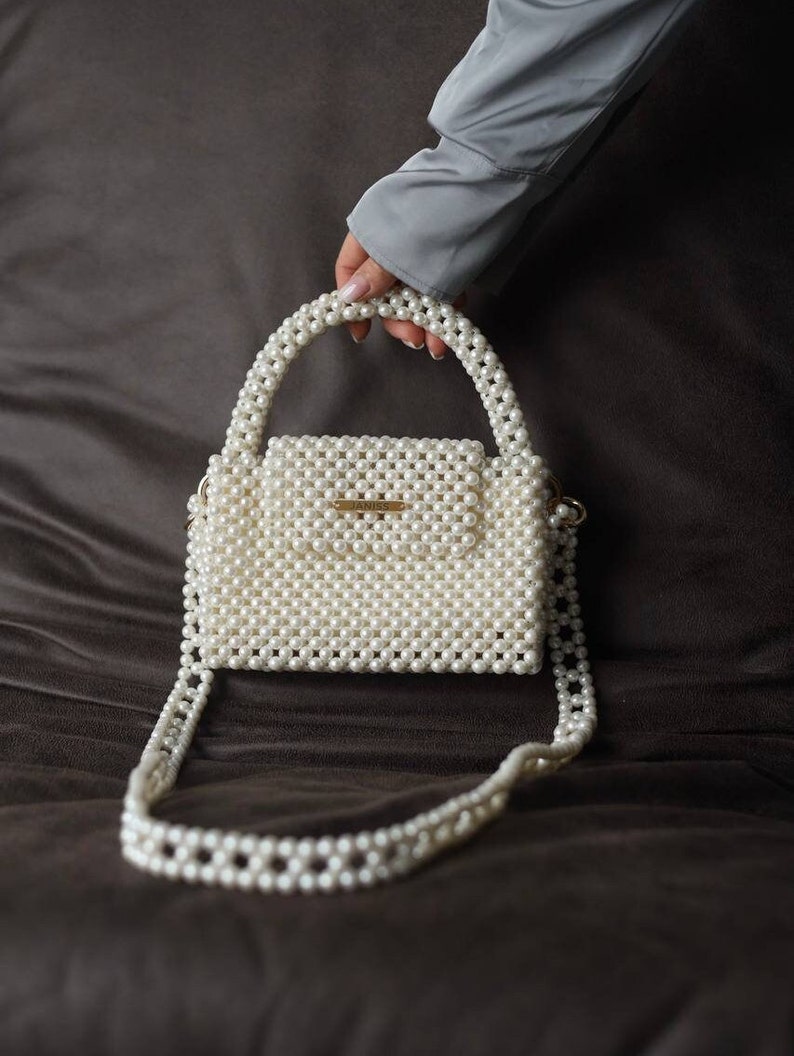 Beaded pearl bag, bags for women, black bag, white bag, classic bag, unique bag, handbag, bag for bride, gift for her, ivory handbag image 1