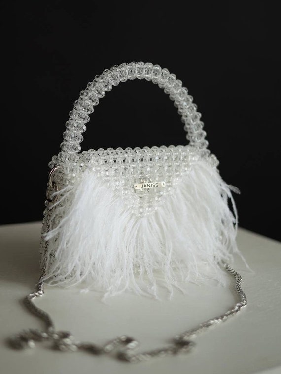 White Bag Bridal Handbag Wedding Purse Handbag With Feathers Luxurious White Beaded Bag With Ostrich Feather Accents Etsy