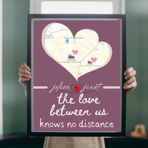 May include: A purple and white heart-shaped map with the text "jefien janet the love between us knows no distance" on a brown background. The map shows the location of the Colosseum in Rome, Italy.
