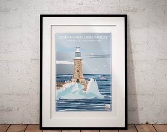 North Pier Lighthouse poster, Tynemouth, Tyne and Wear, England, lighthouse poster, vintage poster, england poster, travel poster