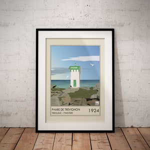 Cartel vintage Faro de Trevignon, Tregunc, Finisterre, Bretaña, Francia, cartel del faro, cartel de Bretaña, cartel de viaje, arte de pared