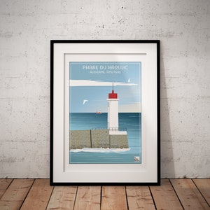 Cartel del faro Raoulic, Audierne, Finisterre, Bretaña, Francia, cartel del faro, cartel vintage, cartel de Bretaña, cartel de viaje, arte de pared