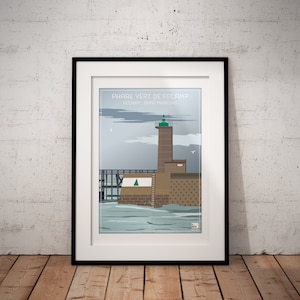 May include: A framed illustration of the Phare Vert de Fécamp lighthouse in Fécamp, Seine Maritime, France. The lighthouse is a tall, white structure with a green top. It is located on a rocky outcropping and surrounded by water. The illustration is in a minimalist style with a blue sky and gray water.