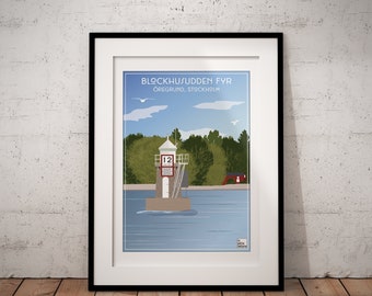 Blockhusudden Fyr Lighthouse Poster, Öregrund, Stockholm, Sweden, vintage poster, Swedish poster, travel poster, wall art, vintage poster