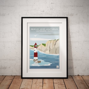 Cartel del faro de Beachy Head, Eastbourne, Sussex, Inglaterra, cartel del faro, cartel vintage, cartel de Inglaterra, impresión de cartel de viaje