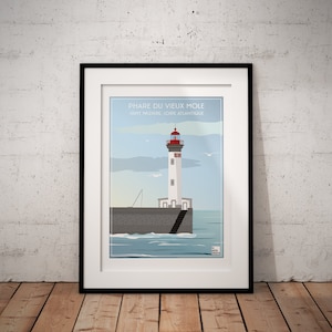 Cartel del antiguo faro de Môle, Saint Nazaire, Loire Atlantique, Pays de la Loire, Francia, cartel del faro, cartel vintage, cartel de viaje, arte
